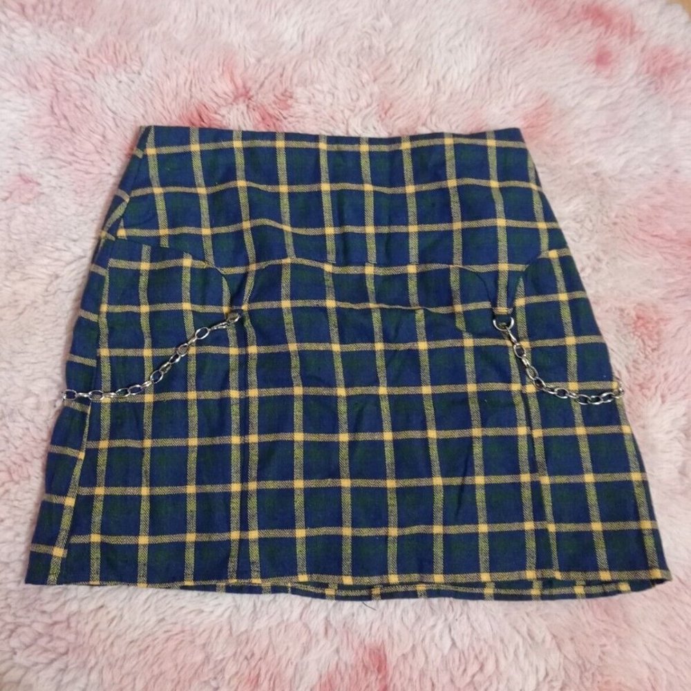 Blue Green Plaid Pleated Mini Skirt With Chains On Side Gothic Size M